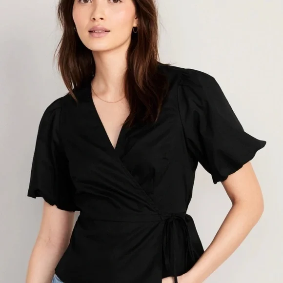 Old Navy Waist-Defined Puff-Sleeve Tie-Wrap Blouse Black S - Picture 2 of 10